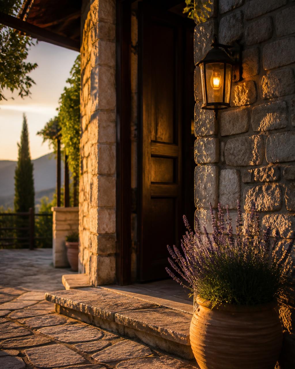 Stone entrance of a premium Balkan guesthouse with lavender and a warm lantern at golden hour
