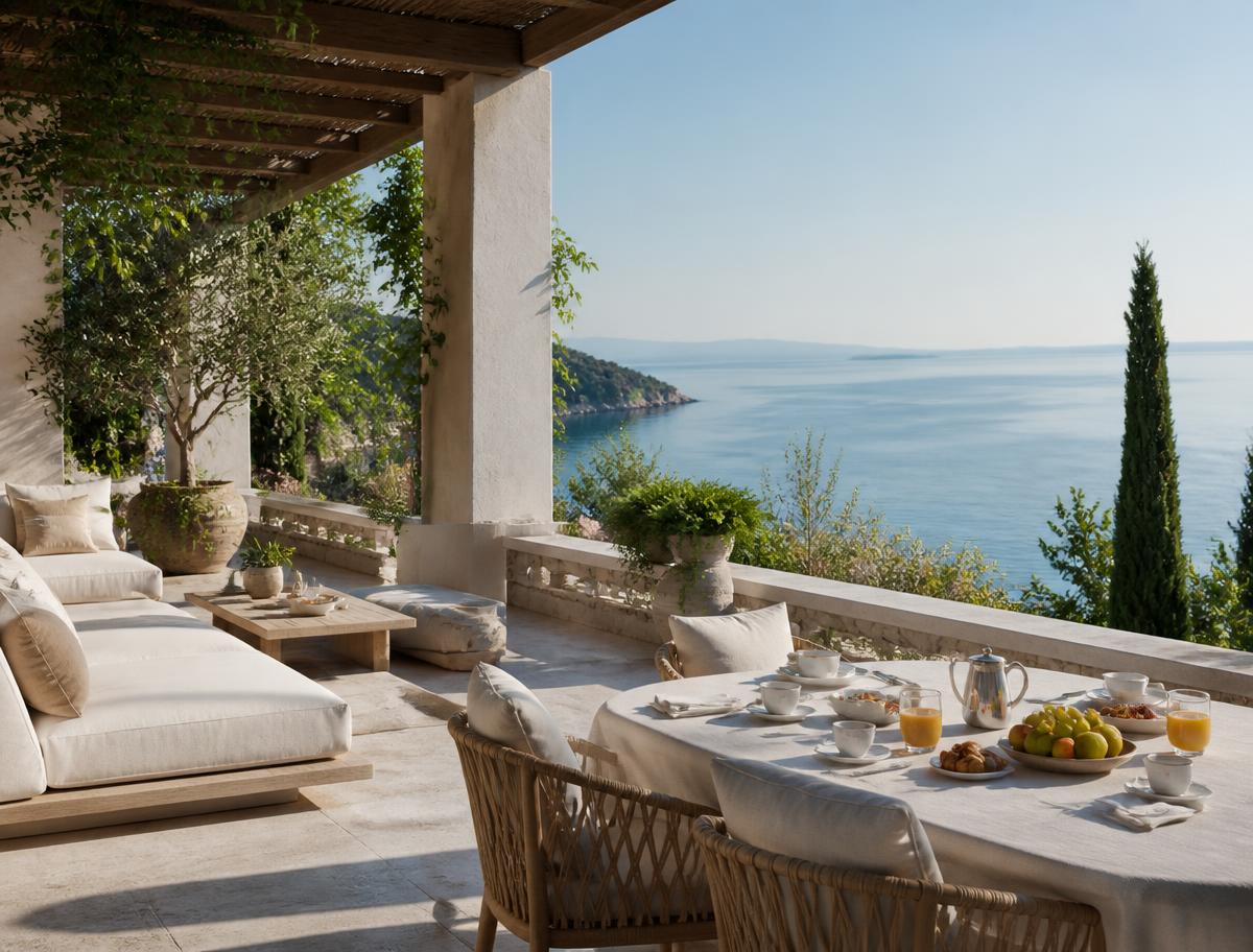 Premium villa terrace with linen lounge seating and a breakfast table overlooking the Adriatic sea