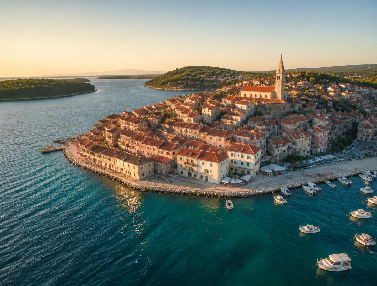 Aerial view of a small Adriatic coastal town with red rooftops, harbour and turquoise sea at golden hour