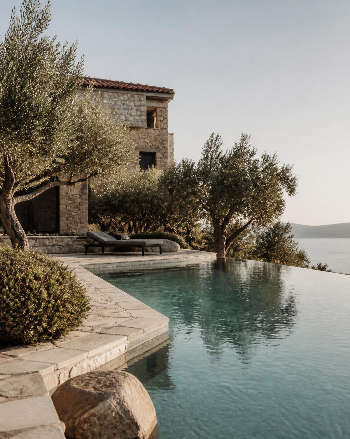 Luxury Mediterranean stone villa with an infinity pool and olive trees in warm afternoon light