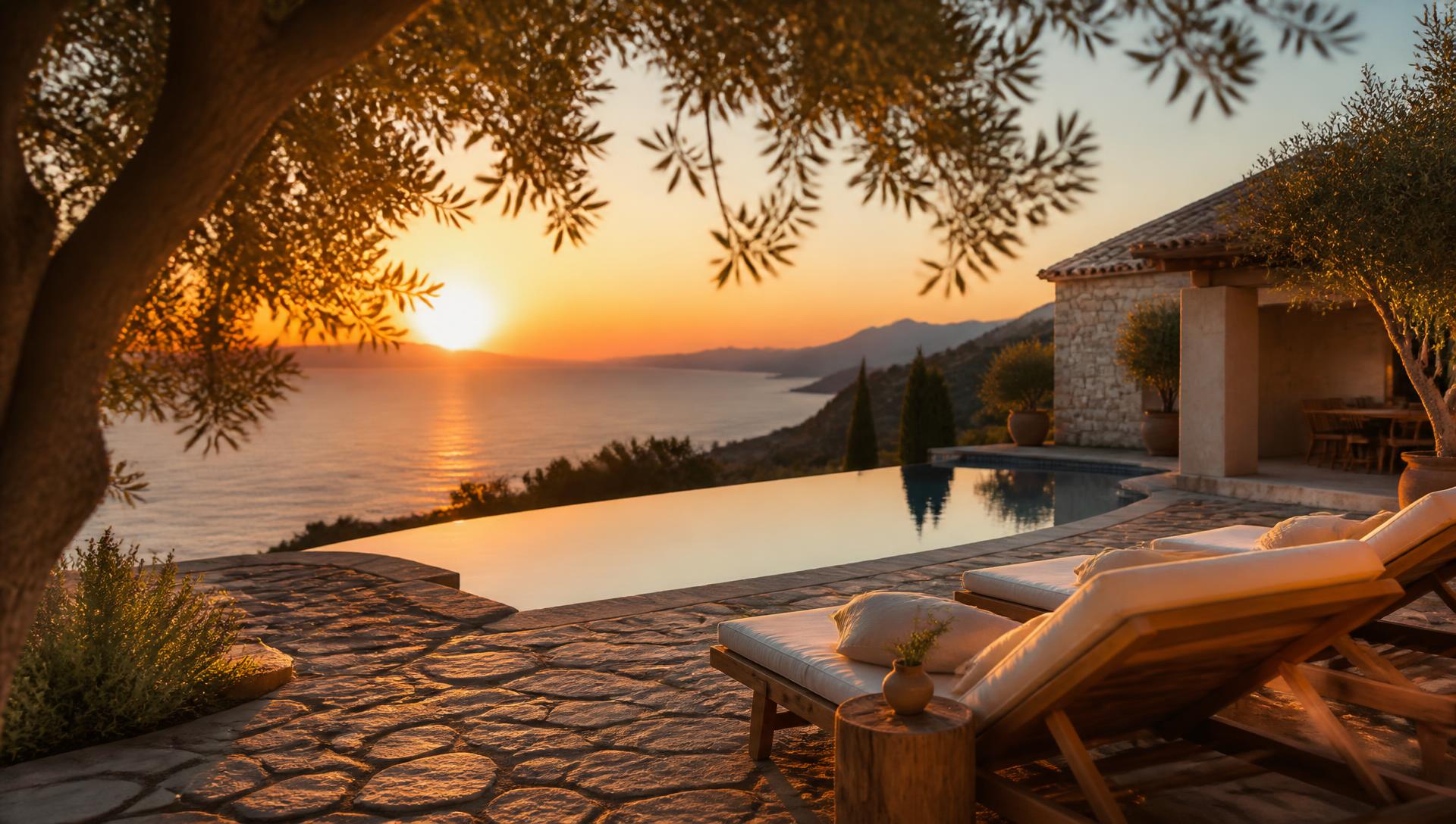 Sunset over an Adriatic villa terrace with an infinity pool, olive trees and coastal mountains