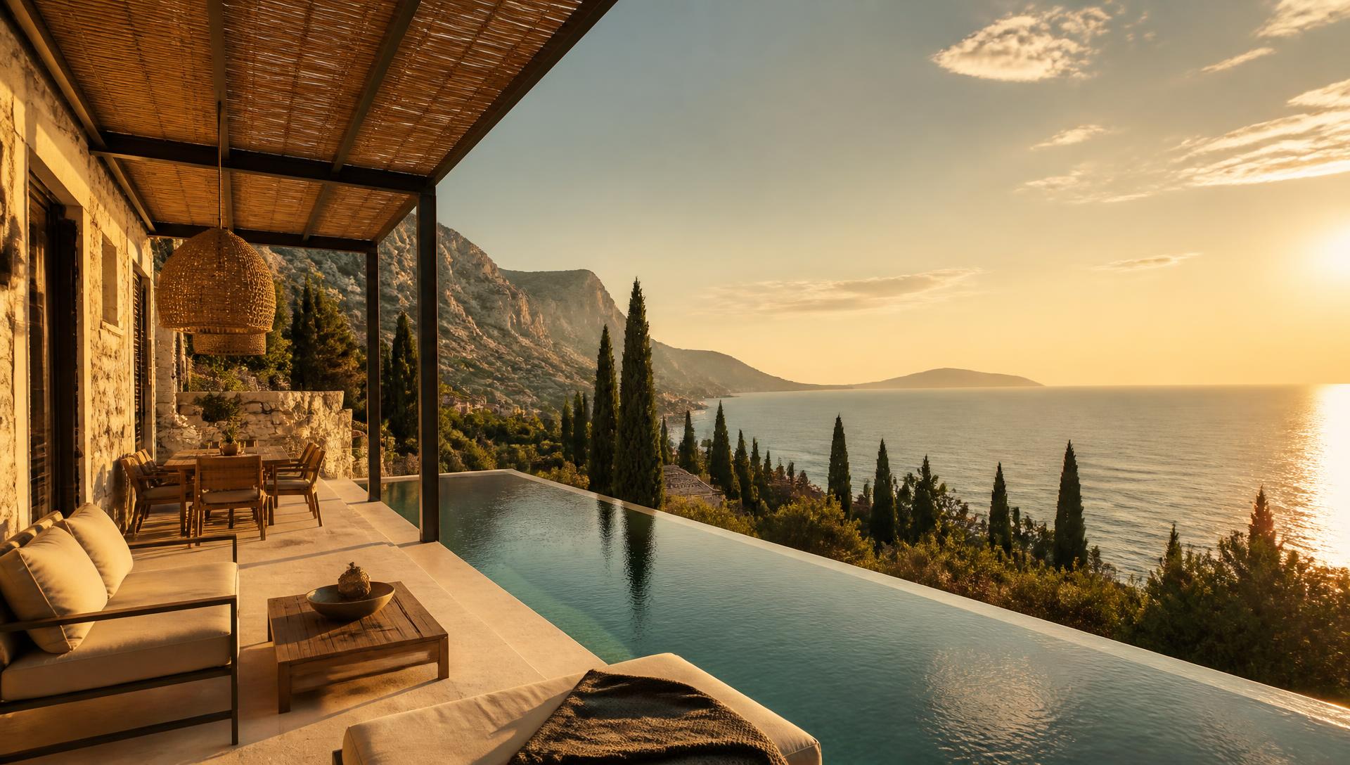 Golden-hour terrace of a luxury Adriatic stone villa with an infinity pool overlooking the sea and coastal mountains