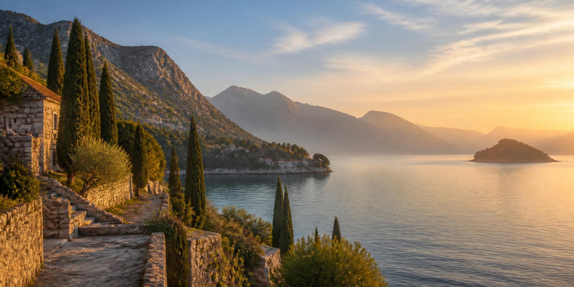 Panoramic view of a Balkan Adriatic coastline with stone terraces and cypress trees at dawn