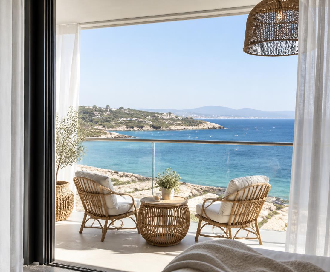 Modern holiday apartment balcony with rattan seating and a sea view