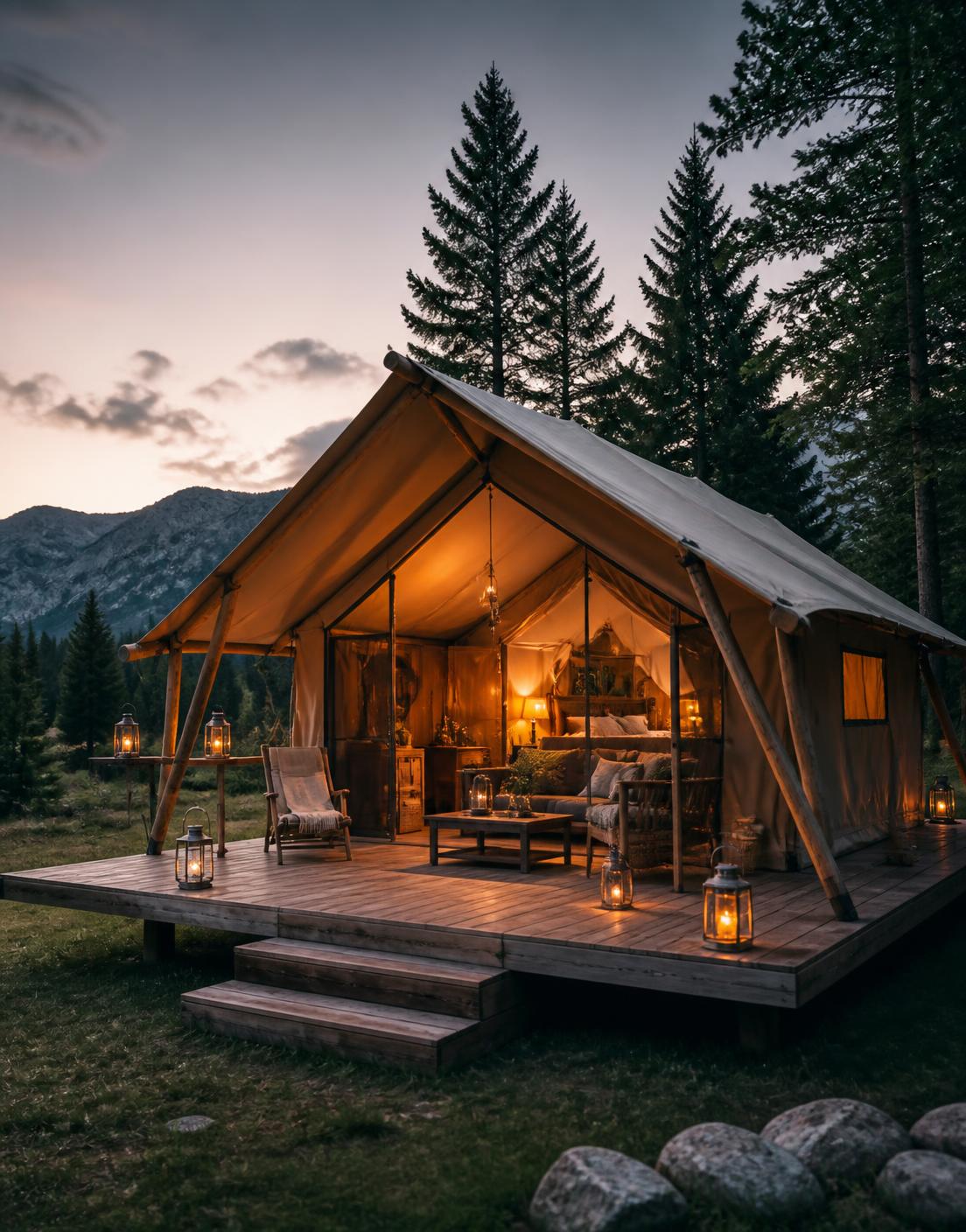 High-end glamping tent with a wooden deck in a Balkan mountain forest at dusk