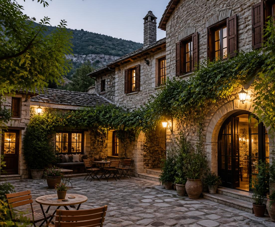 Boutique stone guesthouse courtyard with warm evening lamps