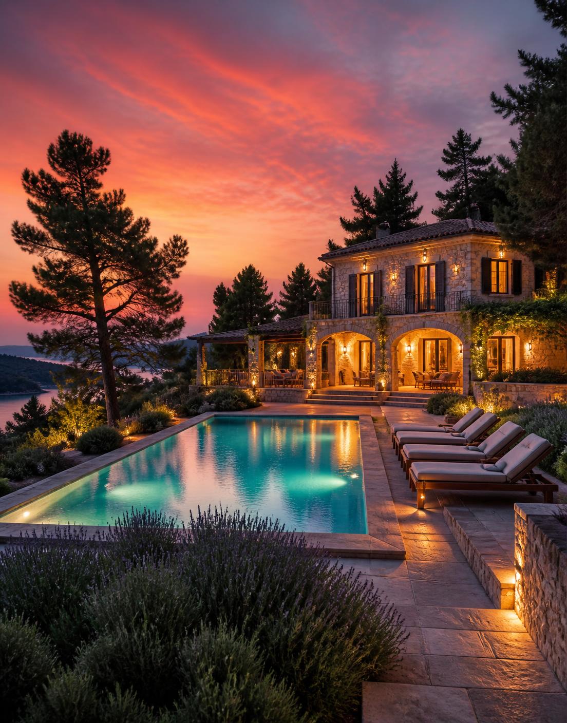 Luxury Balkan stone villa with a lit swimming pool at sunset